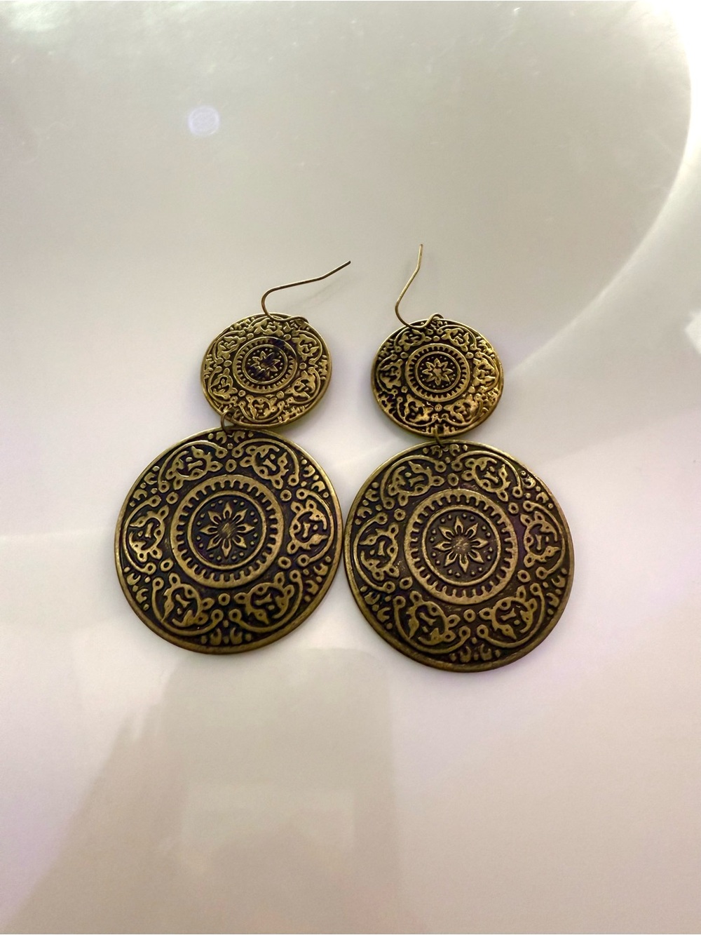 Antique Brass Filigree Double Disc Drop Earrings - Gold Tone